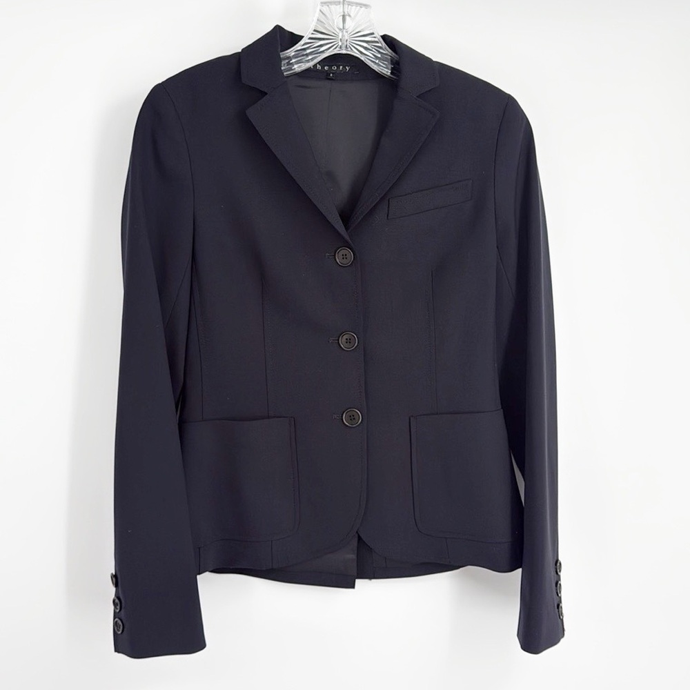 Theory Three Button Career Blazer Wool Stretch size 2 Black
